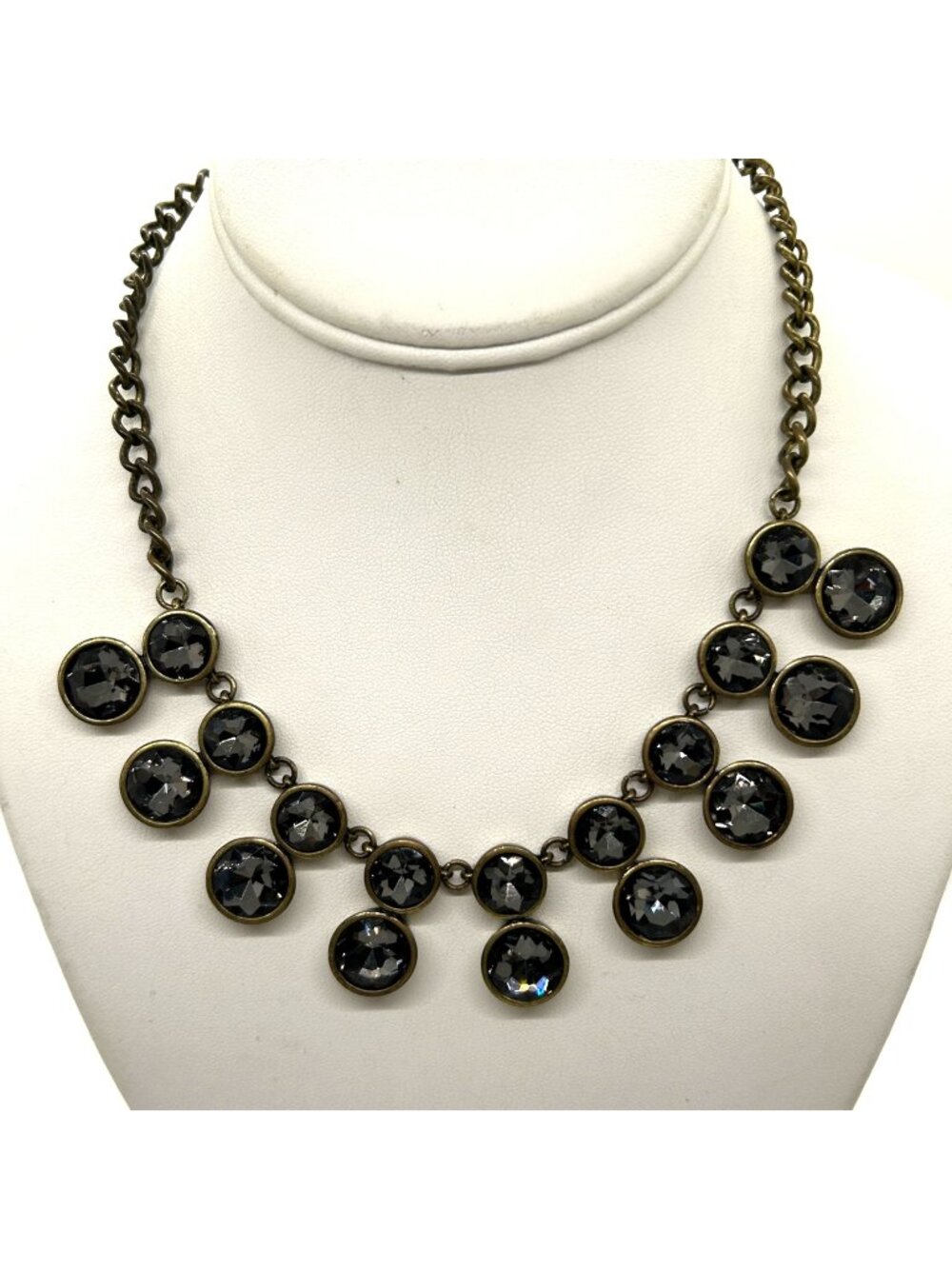LOFT Ann Taylor Bib Necklace Bronze Tone Smoky Gray Crystal Round Statement